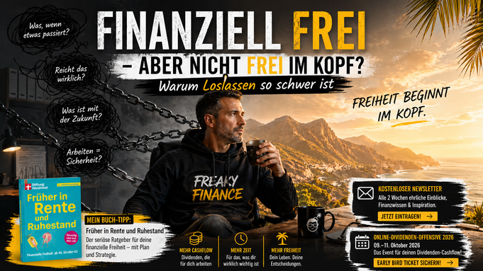 Titelbild zum Artikel „Finanziell frei – aber nicht frei im Kopf?“ von freaky finance: Mann sitzt mit Kaffee vor Berg- und Küstenlandschaft, symbolisch zwischen finanzieller Freiheit und mentalen Blockaden, mit Hinweisen auf Mindset, Dividenden-Cashflow