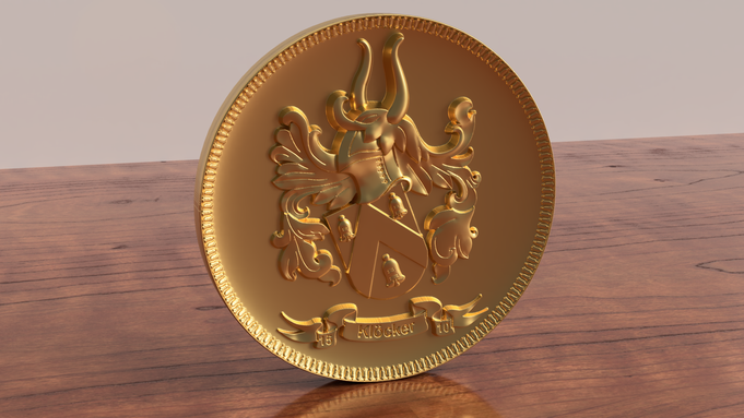 Gerendertes 3D Bild einer stl Datei, von einem Wappen, Vorarbeit für das Fräsen in Bronze, als Metallwappen oder Holzwappen