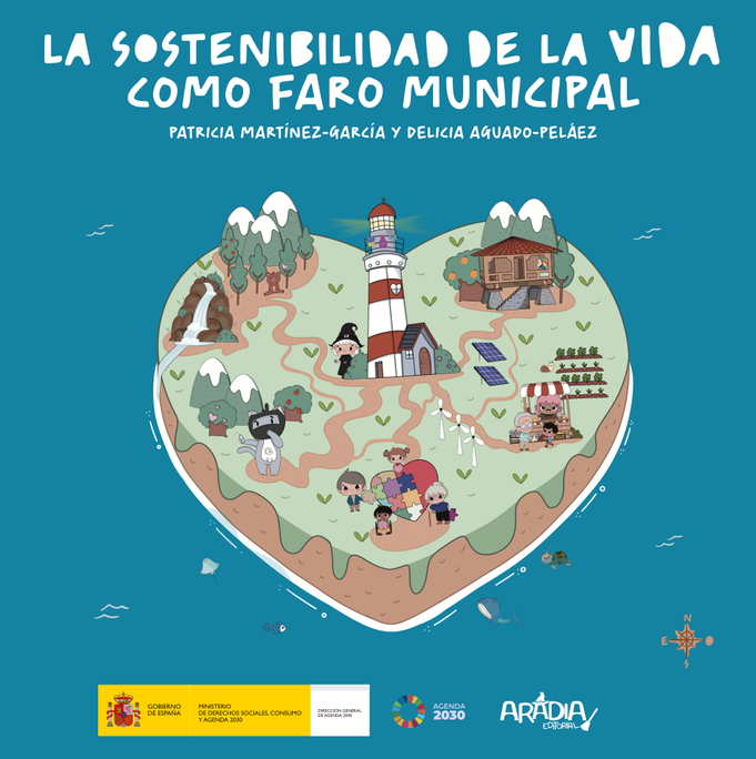Porta de la guía la sostenibilidad de la vida como faro municipal. Una isla con forma de corazón, estilo kawaii, donde hay cinco senderos que llevan a un faro