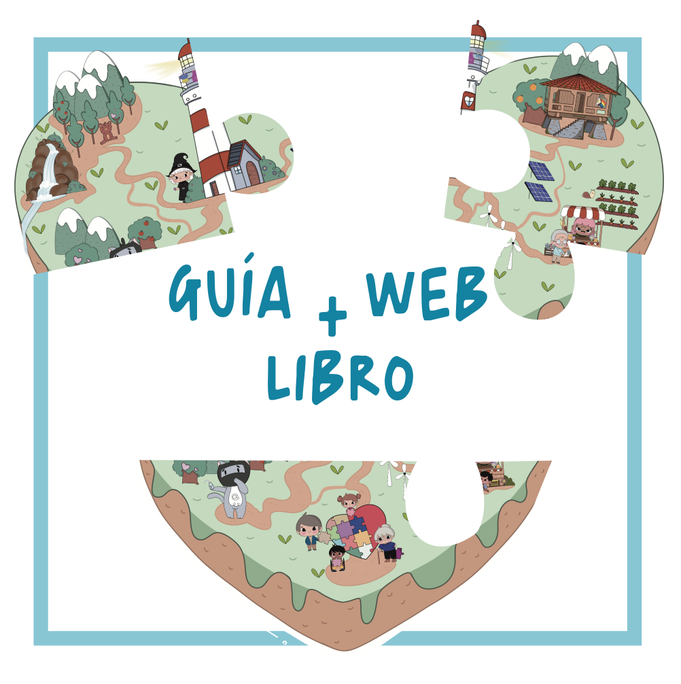 La imagen anterio de la isla convertida en un puzle de 3 piezas, se lee: guía + web + libro