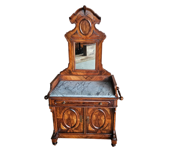 LAVABO IN RADICA DI NOCE EPOCA XIX SECOLO ITALIA COMPLETO DI SPECCHIERA ORIGINALE E MARMO INTEGRO E ORIGINALE RESTAURATO