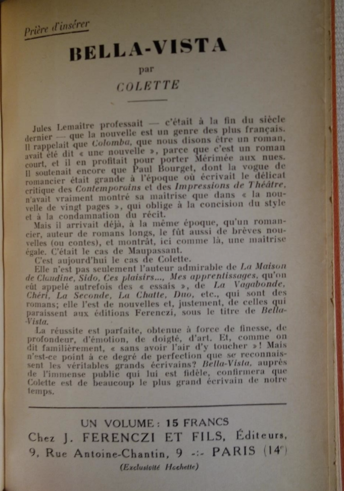 COLETTE, Bella-Vista, édition originale, livre rare, livre ancien