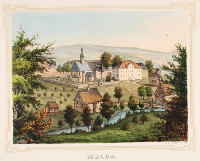 Colorierte Lithographie um 1855, Künstler unbekannt: Mulda mit Kirche und rechts daneben dem Rittergut (https://skd-online-collection.skd.museum/Details/Index/1452745)
