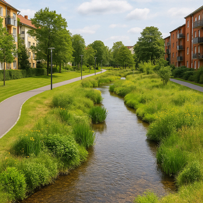 Schwammstadt mit Dachbegrünungen, Regensammelstelle und Entsiegelungen