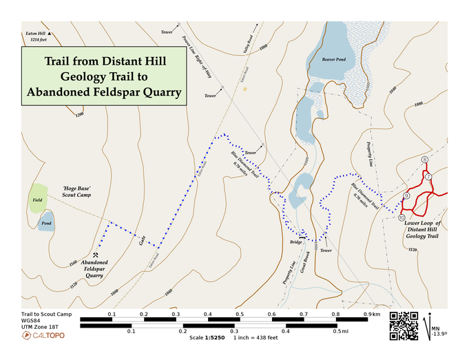 For his 2022 Eagle Scout project, Braden Haefner built a 3/4-mile long hiking trail from Distant Hill Geology Trail to the abandoned Chickering feldspar mine at the Boy Scout camp that abuts Distant Hill to the north. We call it the 'Blue Diamond Trail'.
