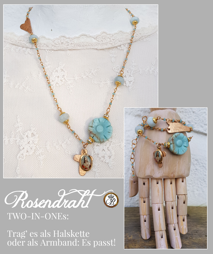 Rosendraht Rosendraht.de webshop Schmuck online Manufaktur handgemacht Schmuckdesign Design Designerschmuck Unikate Goldschmuck Edelsteinschmuck Armband Halskette Kette Marienmedaille Maria Jesus Charm Anhänger Herz Kreuz Jade Amethyst lila magenta 2in1