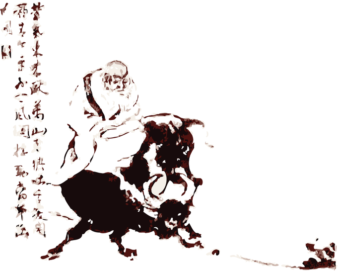 Laotse, Begründer des Tao Te King, reitet auf Stier.