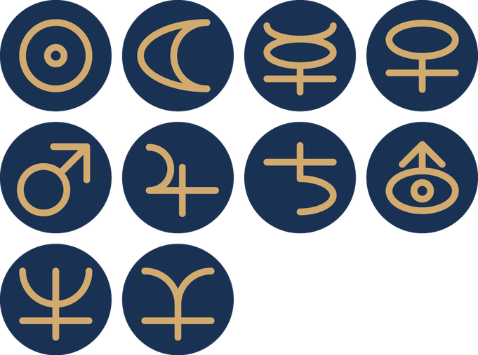 Symbole von Sonne, Mond, Merkur, Venus, Erde, Mars, Jupiter, Saturn, Uranus, Neptun und Pluto auf keybylion.com