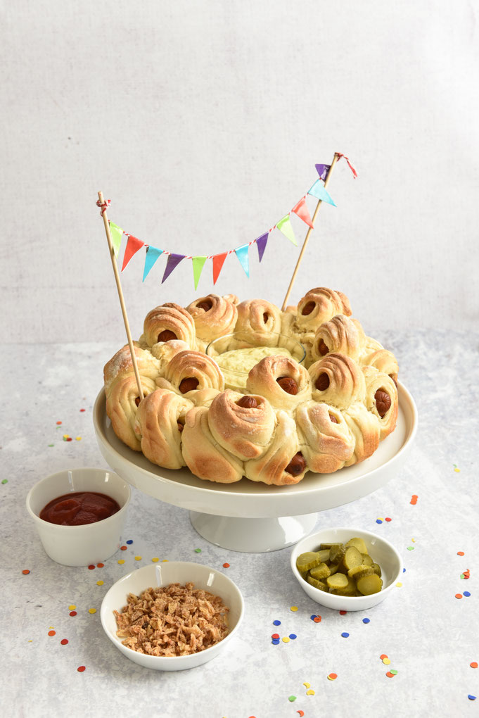 Hot Dog Zupfbrot, perfekt für Partys, vegetarisch, vegan möglich, Thermomix