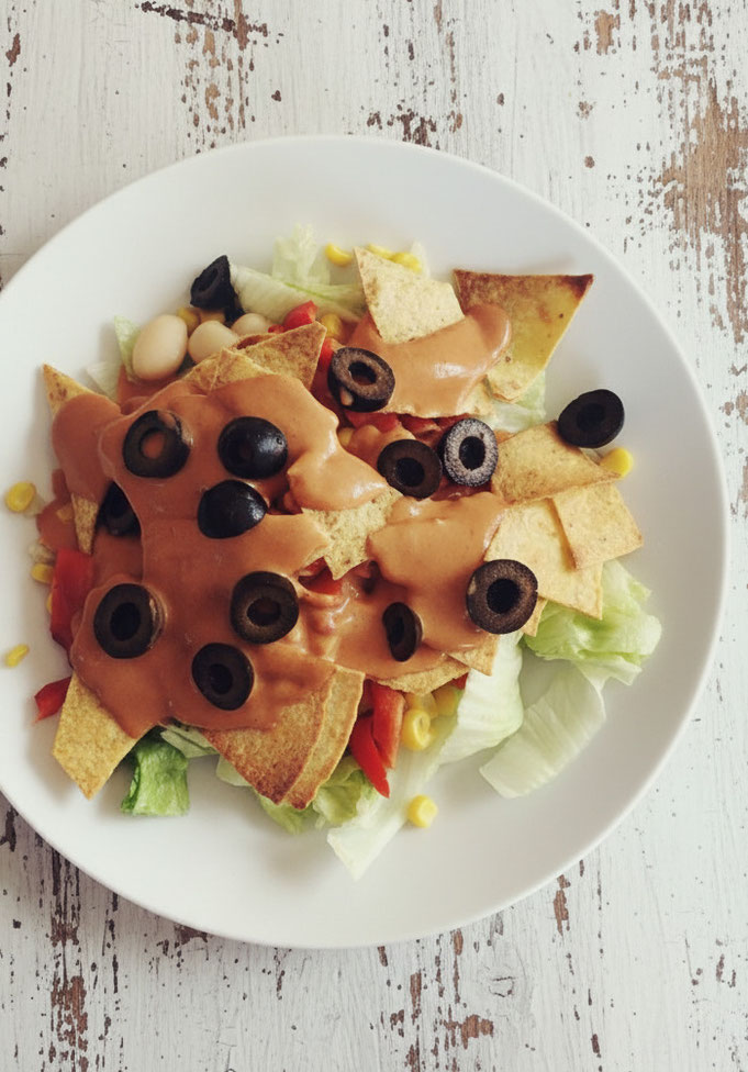 nachos salat, nachos käsesoße vegan, nachos vegan, käsesoße vegan thermomix