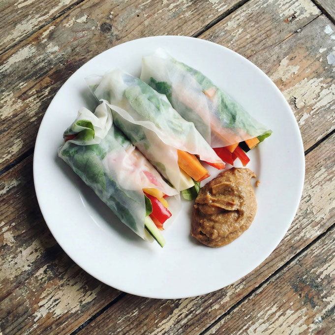 Sommerrollen Thermomix, Sommerrollen vegan, Sommerrollen Erdnuss-Soße, Erdnuss-Soße vegan Thermomix, Ernuss Ingwer Soße vegan
