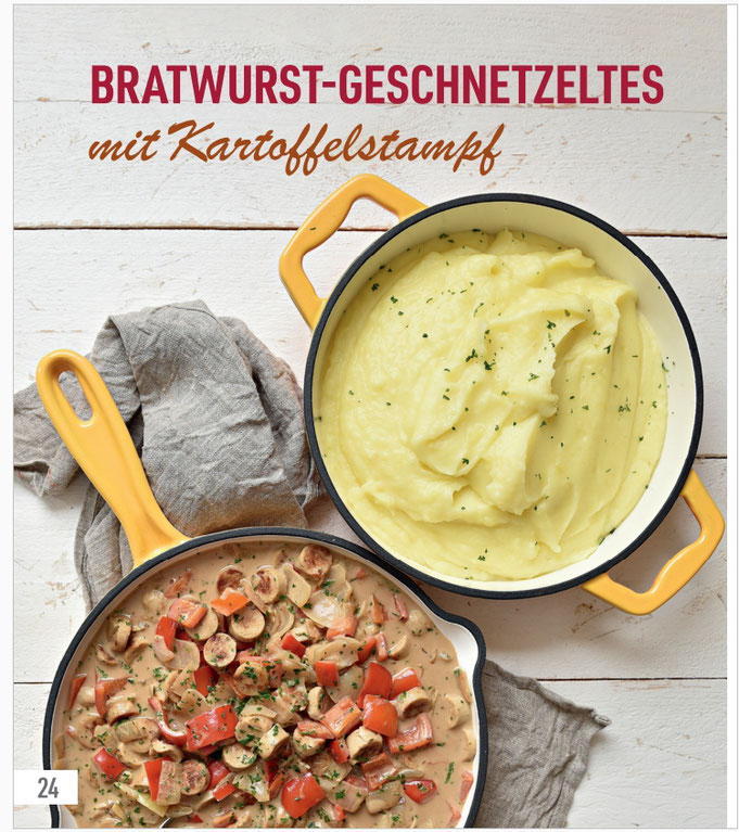 Bratwurstgeschnetzeltes mit Paprika, Zwiebeln mit Kartoffelstampf, Thermomix