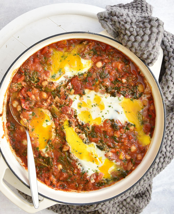 Shakshuka mit Paprika, Spinat und Kichererbsen, Thermomix, vegetarisch