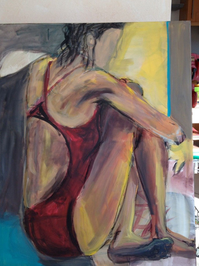 DER ROTE BADEANZUG, Acryl auf Leinwand,  50 cm * 70 cm, unverkäuflich