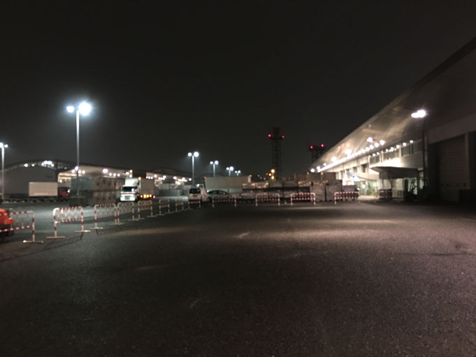 福岡県手乗りインコ小鳥販売店ペットショップミッキン 福岡市の福岡空港のトラックヤード国内便受け渡し場の夜間の写真です。