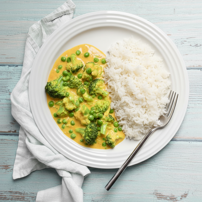 Curry Brokkoli mit Erbsen und Kartoffeln