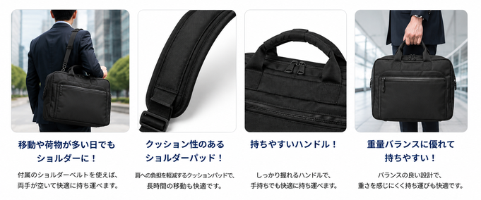 クッション性のあるショルダーパッドと握りやすいハンドルを備えたETUBYビジネスバッグ