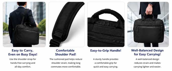 Comfortable carrying features including a shoulder strap, padded shoulder pad, ergonomic handle, and balanced weight distribution.