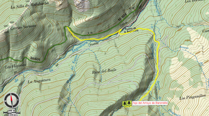 Mapa acceso a los tejos de Barondillo. Rascafría. Madrid.