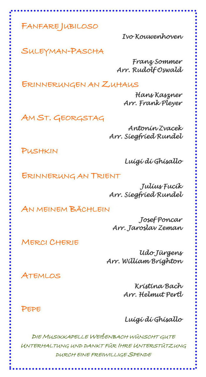 Das Programm der Musikkapelle Weißenbach / Südtirol (Frühjahrskonzert 2015)