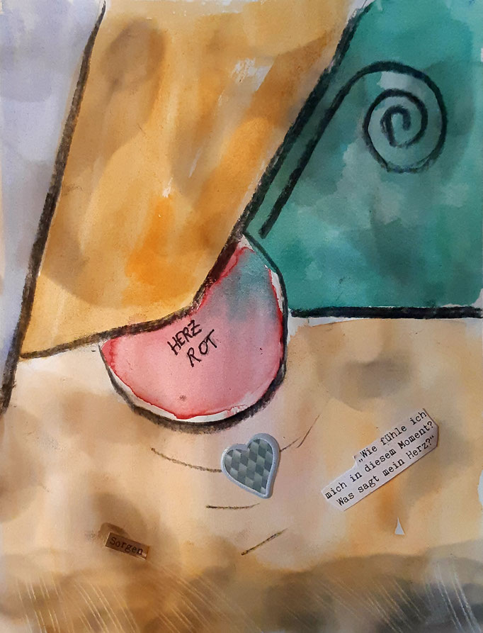 Herzrot - Sorgen  - 24 x 18 cm - 2019 - Aquarell/Wasserfarben/Mischtechnik - Malerei auf Papier - Detail der Serie "DIE KUNST LEBEN"