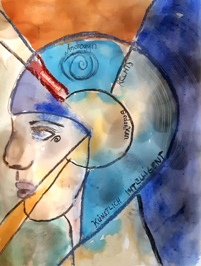 Androgyn rechts - 24 x 18 cm - 2019 - Aquarell/Wasserfarben/Mischtechnik - Malerei auf Papier - Detail der Serie "DIE KUNST LEBEN"