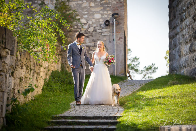 Hochzeitsfotografie am Schloss Heidenheim mit Hund