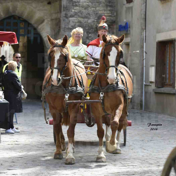 Défilé de calèches de 1900 dans les rues de Villeneuve d'Aveyron le 15 mai 2016 - Attelage en paire chevaux Trotteur - calèche 4 roues - 2