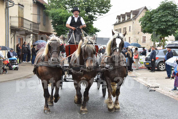 Défilé de calèches anciennes dans les rues de Villeneuve d'Aveyron  le 09 Juin 2019 - Chevaux de trait 3 de front