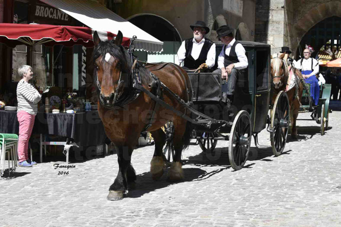 Défilé de calèches de 1900 dans les rues de Villeneuve d'Aveyron le 15 mai 2016 - Attelage simple de cheval lourd - calèche 4 roues roues fermé - 7