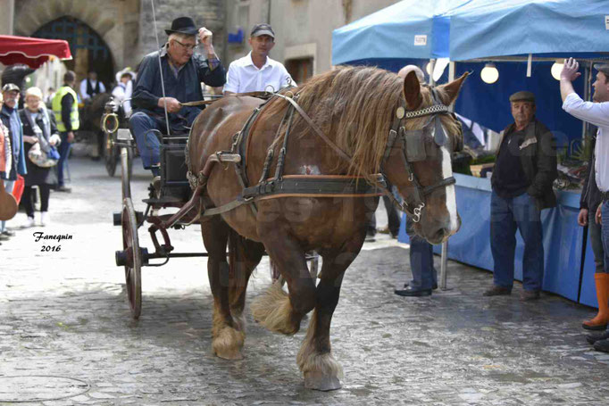 Défilé de calèches de 1900 dans les rues de Villeneuve d'Aveyron le 15 mai 2016 - Attelage simple de cheval lourd - calèche 4 roues roues rouge - 3