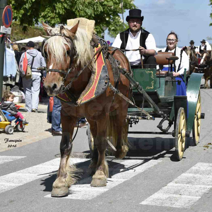 Défilé de calèches de 1900 dans les rues de Villeneuve d'Aveyron le 15 mai 2016 - Attelage simple de cheval lourd - calèche 4 roues roues - 2