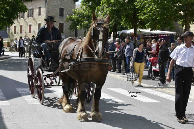 Défilé de calèches de 1900 dans les rues de Villeneuve d'Aveyron le 15 mai 2016 - Attelage simple de cheval lourd - calèche 4 roues roues rouge - 1