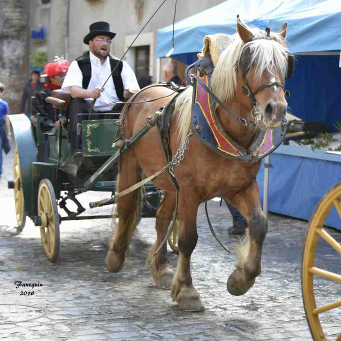 Défilé de calèches de 1900 dans les rues de Villeneuve d'Aveyron le 15 mai 2016 - Attelage simple de cheval lourd - calèche 4 roues roues - 1