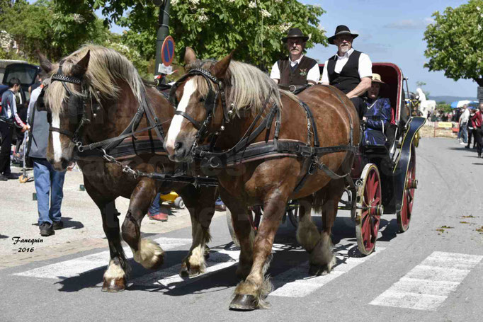 Défilé de calèches de 1900 dans les rues de Villeneuve d'Aveyron le 15 mai 2016 - Attelage en paire chevaux lourds - calèche 4 roues vis à vis - 3