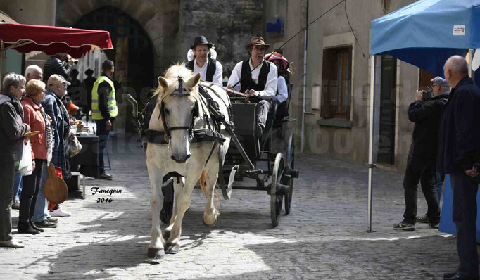 Défilé de calèches de 1900 dans les rues de Villeneuve d'Aveyron le 15 mai 2016 - Attelage simple de cheval lourd - calèche 4 roues sans capote - 2