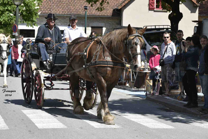 Défilé de calèches de 1900 dans les rues de Villeneuve d'Aveyron le 15 mai 2016 - Attelage simple de cheval lourd - calèche 4 roues roues rouge - 4