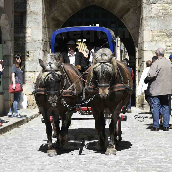 Défilé de calèches de 1900 dans les rues de Villeneuve d'Aveyron le 15 mai 2016 - Attelage en paire chevaux lourds - calèche 4 roues "fermé" - 4