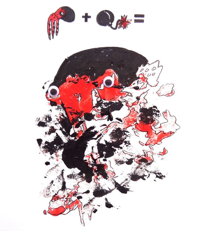 zufällige farbflecken = explodierender octopus  [acryl + filzstifte + wackelaugen - ca. 15 x 20 cm]