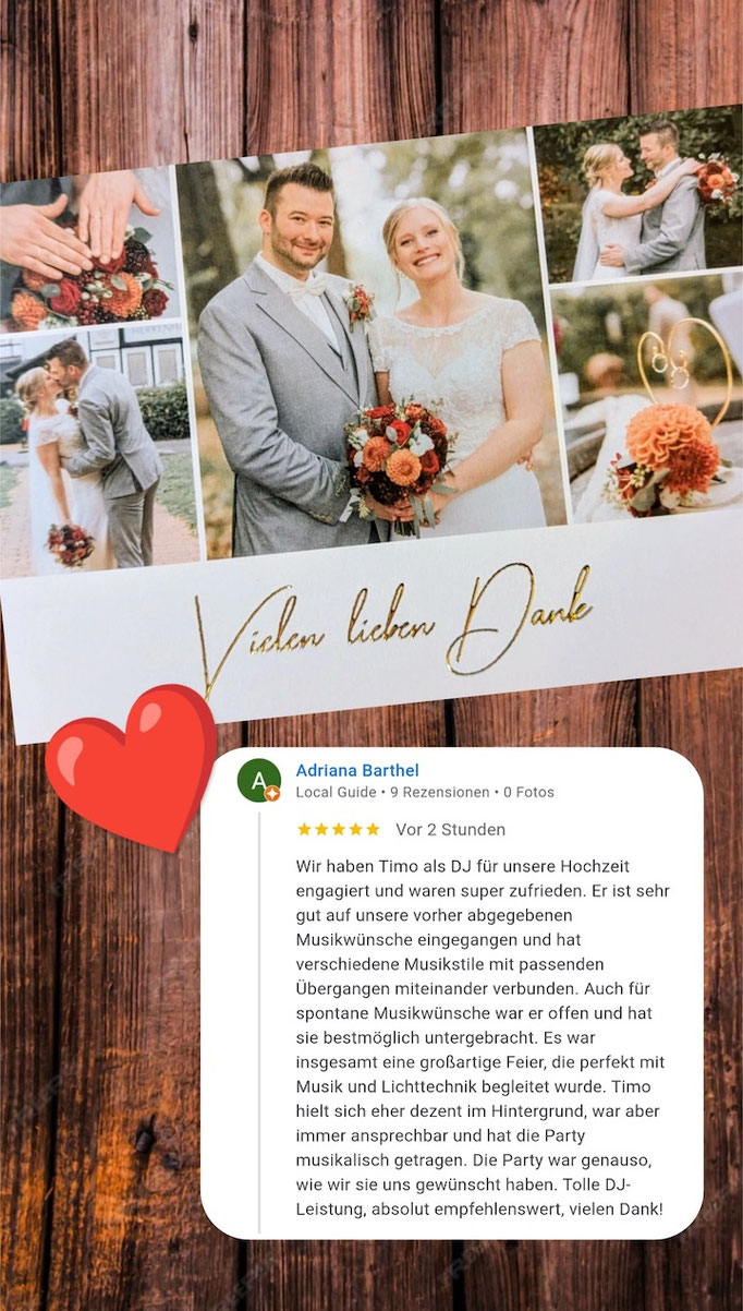 Dankeskarte für meine Dienstleistungen als Hochzeits DJ in Bonn (Alfter) auf der Feier von Adriana & Tobias im Herrenhaus Buchholz