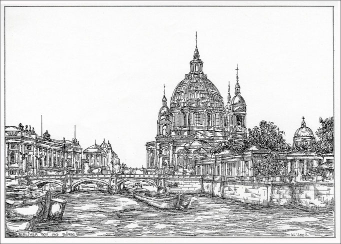 "Berliner Dom und Börse" - Feder und schwarze Tusche auf Zeichenkarton - 29,7 x 21 cm - 2002