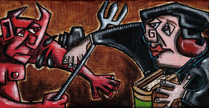 "Luther: Der Wurf mit dem Tintenfass" - Acryl und Collage auf Leinwand - 2019
