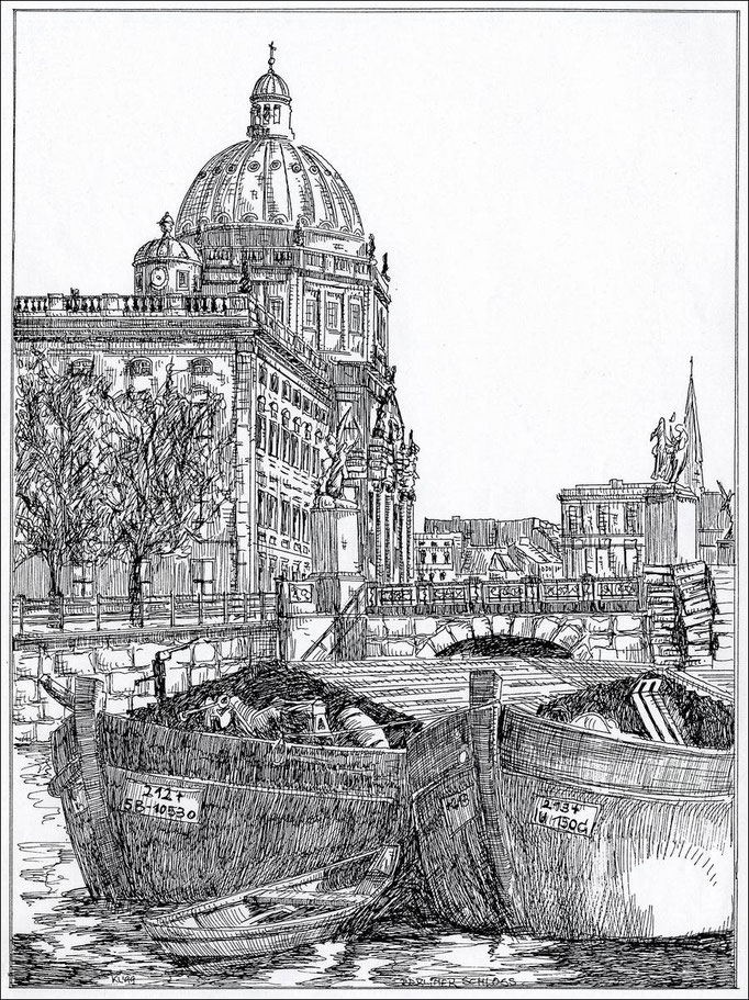 "Berliner Stadtschloss mit Lastenkähnen" - Feder und schwarze Tusche auf Zeichenkarton - 29,7 x 21 cm - 2000