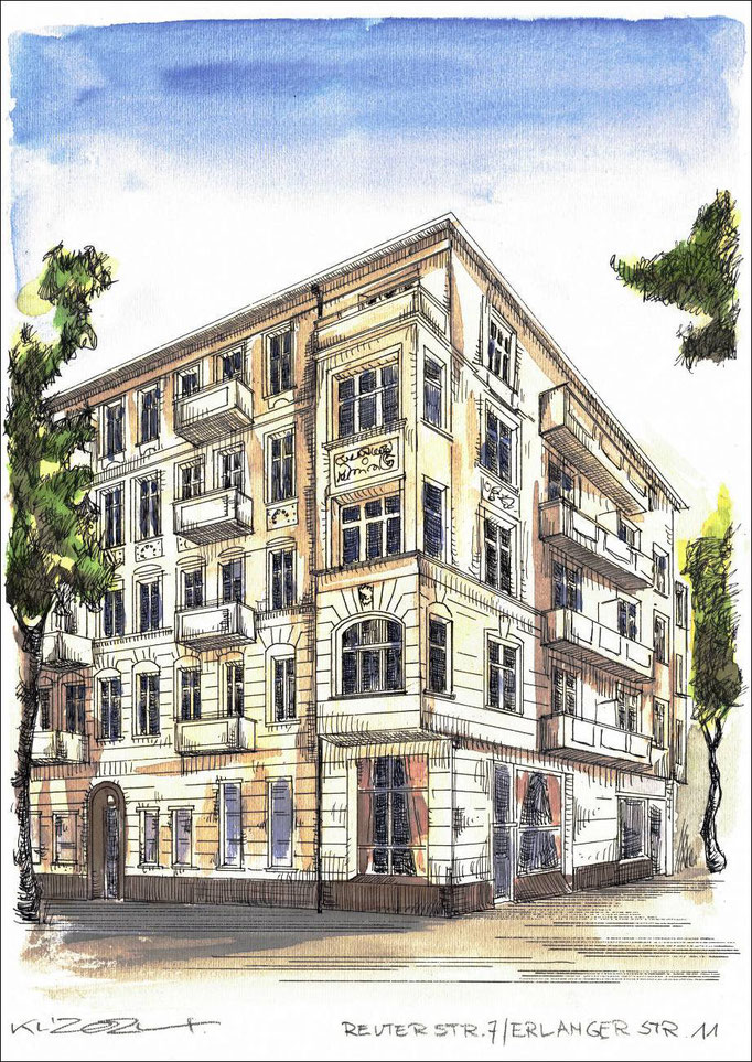 Berlin Reuterstrasse 7 / Ecke Erlanger Strasse 11 - Feder und schwarze Tusche auf Aquarellkarton 300 g/qm - 29,7 x 42 cm - 2024
