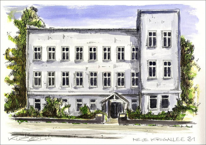 Berlin Neue Krugallee 31 - Feder und schwarze Tusche auf Aquarellkarton 300 g/qm - 42 x 29,7 cm - 2024