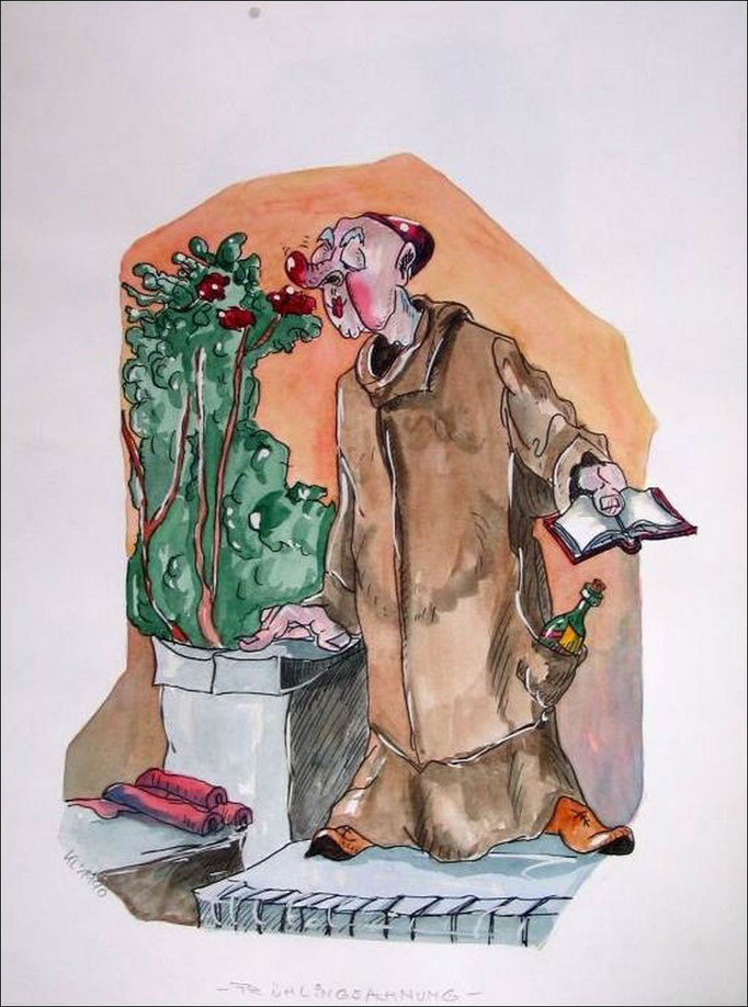 "Frühlingsahnung- nach Carl Spitzweg" - Feder und Aquarell - 1990