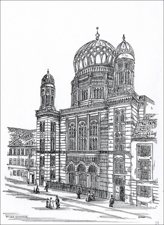 "Neue Synagoge Oranienburger Straße" - Feder und schwarze Tusche auf Zeichenkarton - 29,7 x 21 cm - 2000