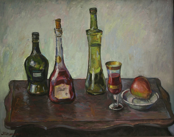 Wine and apple. 1999. Fibreboard, oil. 80 x 63 cm Price on request