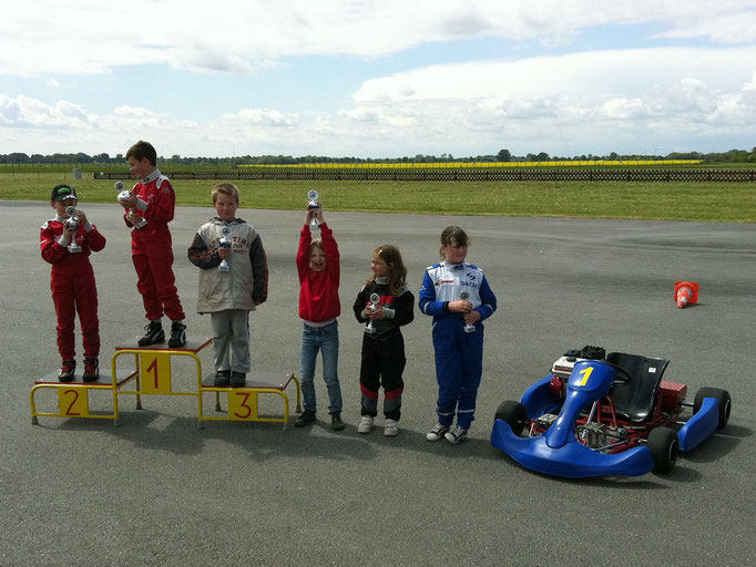 Alicia Föge (3.v.re.) freut sich über ihren 4. Platz und Pokal in Klasse 1. Es gewann Johannes Habel vom MC Lebusa