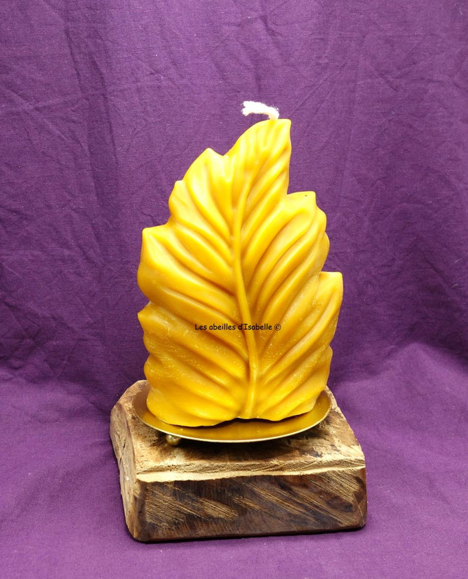 bougie en cire d'abeille en forme de feuille - Les abeilles d'isabelle.fr